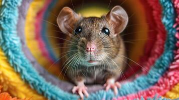 ai généré gris rat séance à l'intérieur coloré tunnel photo