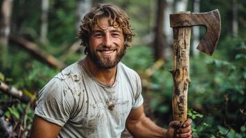 ai généré homme en portant grand hache dans forêt photo