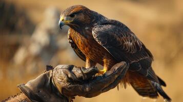 ai généré la personne en portant oiseau de proie proche en haut photo