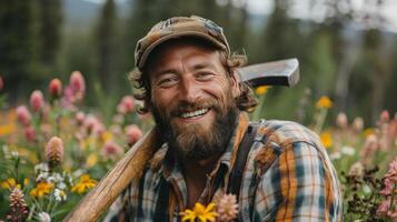 ai généré une bûcheron avec une chaud, attrayant sourire photo