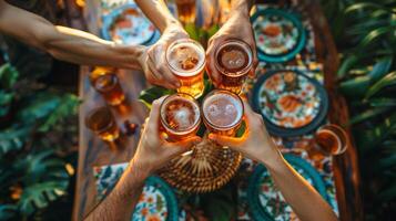 ai généré groupe de gens grillage avec des lunettes de Bière photo