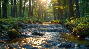 ai généré une doux courant écoulement par une forêt photo