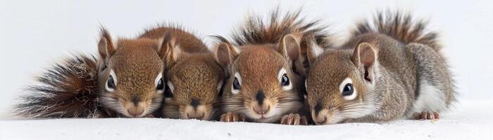 ai généré sucré écureuils, une trio de sucré écureuil kits câliné en haut ensemble sur une blanc arrière-plan, avec duveteux queues et brillant yeux, Contexte image, génératif ai photo