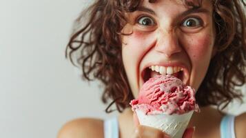 ai généré les filles en extase expression comme elle prend une gros mordre de sa préféré saveur de la glace crème, avec yeux large et une Regardez de pur joie sur sa affronter, génératif ai photo