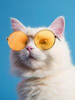 ai généré portrait de une blanc duveteux chat portant rond des lunettes de soleil. luxueux national minou dans des lunettes pose sur une bleu Contexte mur. génératif ai. ai. photo