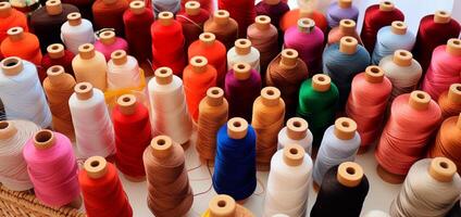 multicolore fil bobines utilisé dans textile industrie. pile de gros coloré bobines de fil de discussion. coloré fil bobines de fil grand classe, textile, Contexte. ai. génératif ai. photo