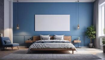 ai généré grand chambre intérieur avec moderne minimal Regardez bleu Couleur schème, une Vide affiche sur le mur Contexte photo