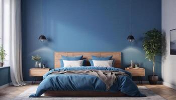 ai généré grand chambre intérieur avec moderne minimal Regardez bleu Couleur schème photo