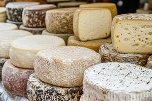 ai généré variété de gourmet les fromages sur afficher à local marché, mettant en valeur textures et couleurs photo