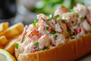 ai généré Homard rouleau avec Frais salade et vert oignons, proche en haut photo