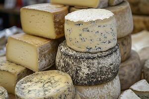 ai généré variété de gourmet les fromages sur afficher à local marché, mettant en valeur textures et couleurs photo