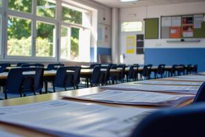 ai généré vide salle de cours avec lumière du soleil et examen papiers sur bureaux, non élèves photo