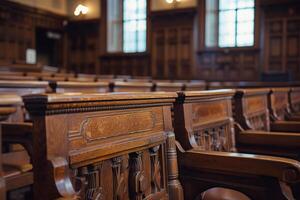 ai généré classique salle d'audience intérieur avec en bois banc proche en haut photo