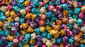 ai généré assorti coloré pop corn variétés, multicolore modèle, Haut vue photo