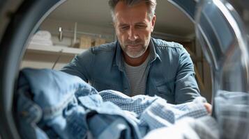 ai généré homme prise en dehors blanchisserie de une la lessive machine à Accueil photo