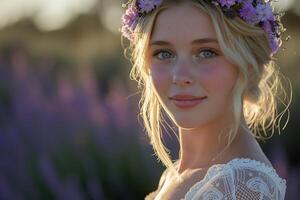 ai généré fille dans lavande fleur couronne dans prairie. été Extérieur portrait, proche en haut photo