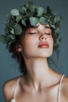 ai généré Jeune femme orné avec eucalyptus fleur couronne photo