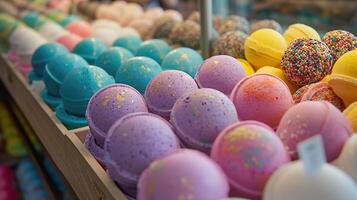 ai généré vibrant sélection de Fait main une baignoire bombes aligné pour vente à marché photo