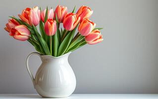 ai généré vif tulipes dans une traditionnel blanc cruche en dessous de ensoleillement photo