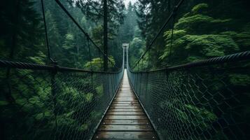 ai généré mystique forêt pont au milieu de luxuriant vert des arbres photo