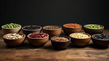 ai généré variété de des haricots et Lentilles dans boules photo