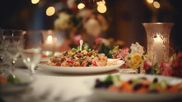 ai généré élégant dîner réglage au milieu de épanouissement fleurs photo