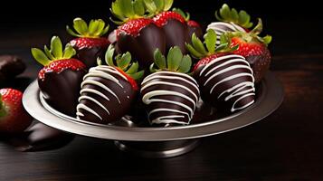 ai généré délicieux Chocolat couvert des fraises sur assiette photo