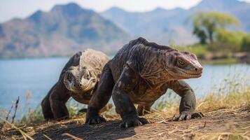 ai généré Komodo dragons se prélasser dans leur Naturel environnement photo