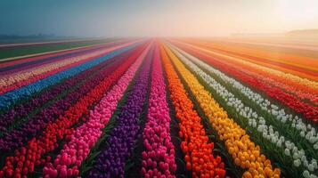 ai généré lever du soleil plus de vibrant tulipe des champs photo