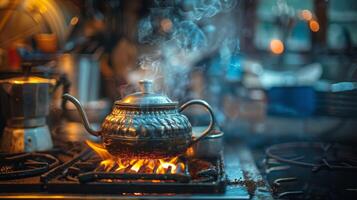 ai généré une nostalgique image de une ancien café pot brassage café plus de un ouvert flamme photo