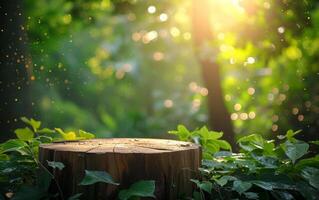 ai généré enchanté rayons de soleil éclairer arbre souche dans verdoyant forêt photo