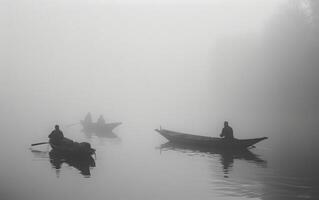 ai généré brumeux rivière pêche à Aube photo