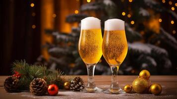 ai généré de fête Bière des lunettes au milieu de Noël décoration photo