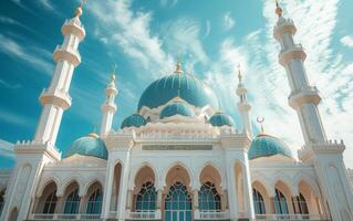 ai généré majestueux mosquée en dessous de ouvert ciels photo