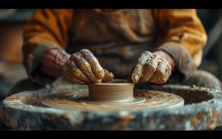 ai généré artisan moulage argile sur poterie roue photo