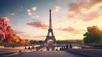 ai généré le coucher du soleil avec Eiffel la tour vue photo