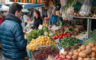 ai généré animé Les agriculteurs marché stalles photo