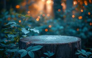 ai généré mystique lumière du soleil brille sur arbre souche dans florissant forêt photo
