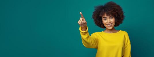 ai généré une magnifique Jeune femme avec Naturel cheveux, montrer du doigt avec sa indice doigt photo