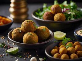 ai généré falafel des balles, milieu est cuisine plat sur une béton rustique Contexte. photo