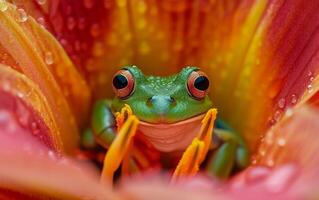 ai généré intime vue de une vert grenouille niché dans intense Orange fleur pétales photo