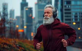 ai généré Sénior Masculin le jogging parmi Urbain paysage portant écouteurs photo