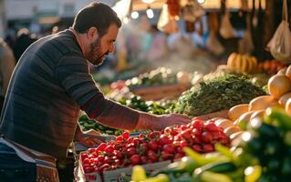 ai généré animé Les agriculteurs marché stalles photo