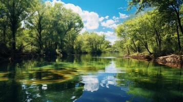 ai généré tranquille Lac entouré par luxuriant des arbres photo