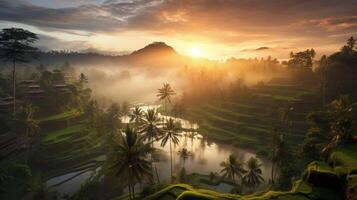 ai généré lever du soleil plus de luxuriant jungle et Montagne rivière photo