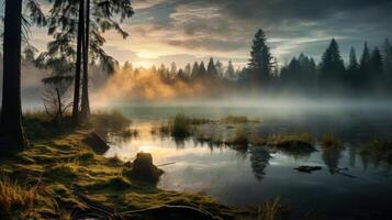 ai généré mystique lever du soleil plus de brumeux boisé Lac photo