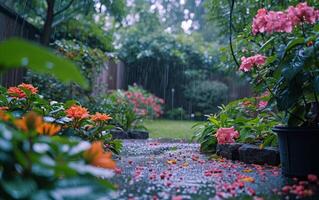ai généré pluie dans luxuriant jardin photo
