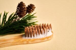 brosse à dents avec dentifrice mousse sur une Contexte de pin aiguilles et cônes. photo