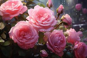 ai généré le enchanteur beauté de après le pluie rose des roses photo