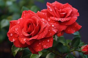 ai généré le beauté de pluie épanouissement rouge des roses photo